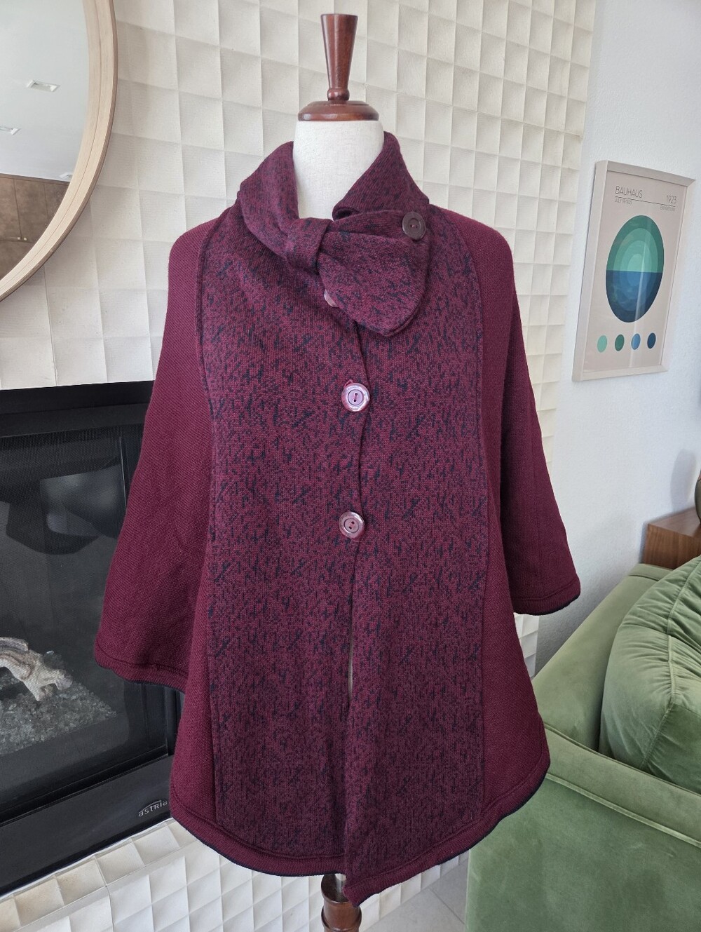 Norma Angelica Burgundy Knit Poncho Cape Jacket Fleece Lined Made in Mexico OS